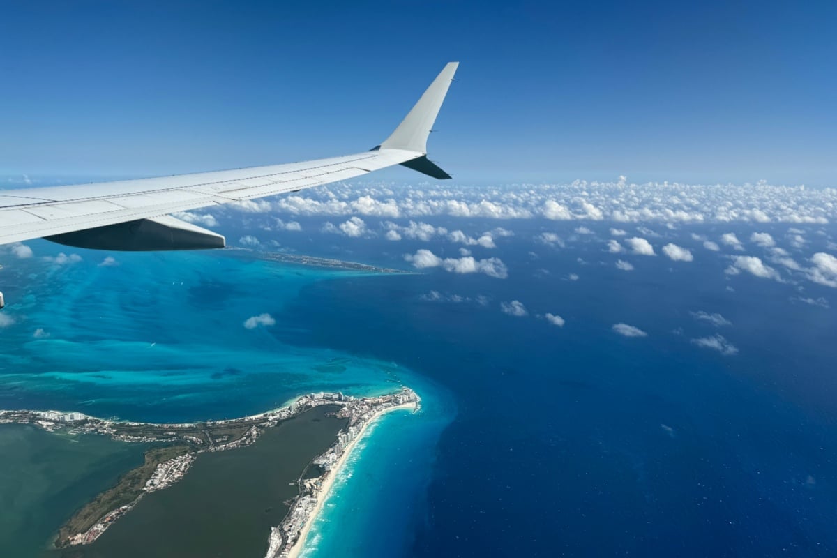 View of Cancun taken from airplane wing